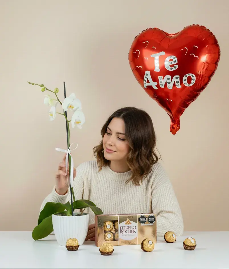 box-de-orquidea-blanca,-chocolate-ferrero-rocher-y-globo