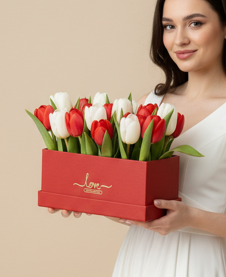 Box de Tulipanes Rojos y Blancos Love