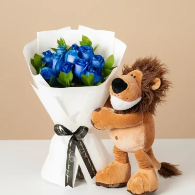 ramo-de-rosas-azules-con-peluche-leon